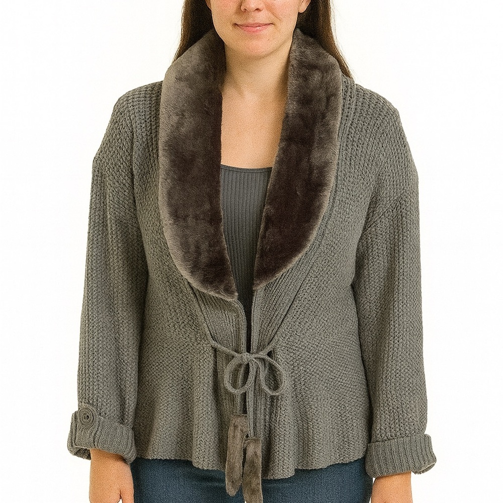 Milano Wool Blend Faux Fur Trim‎ Long sleeve Sweater, Size XL